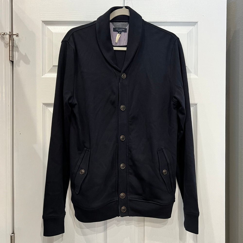 Ted Baker Cardigan Cotton Jersey Navy Blue Shawl Collar Preppy Size 4 L
